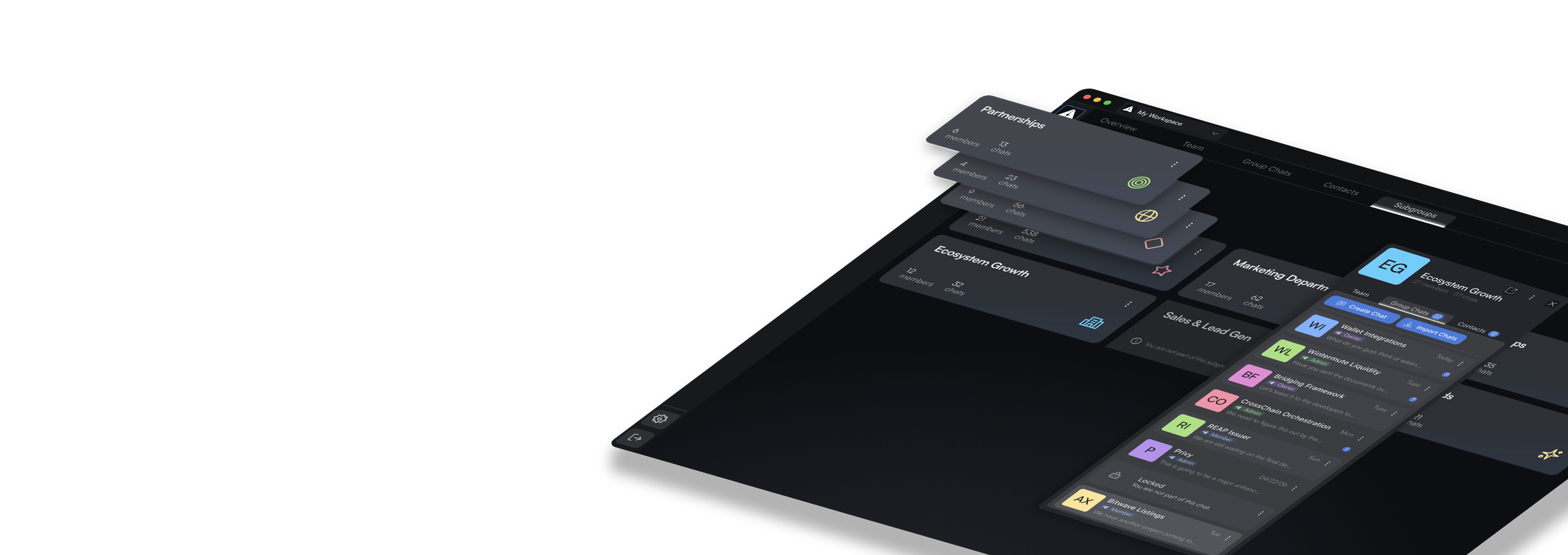 Amua workspace — subgroups, members and chats organized in one dashboard